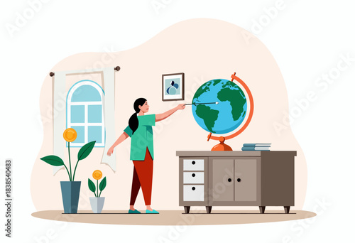 Illustration of a Person Pointing at a Globe in a Home Setting with Plants, Books, and Wall Art Creating a Cozy Educational Environment