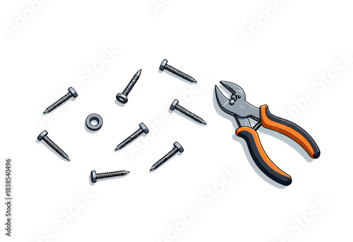 Illustration of Assorted Screws and Wire Cutter Pliers with Ergonomic Handles on White Background