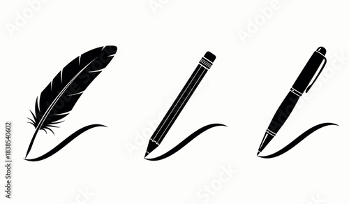 Vintage writing tools feather pen and modern pens