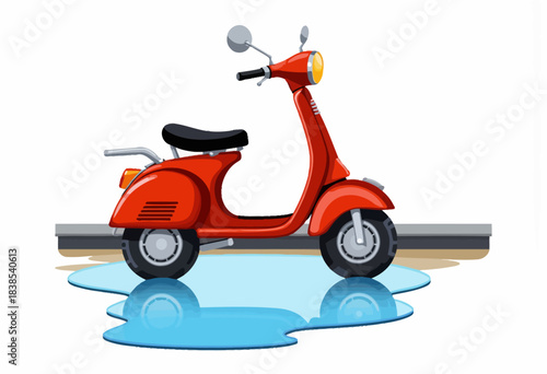 Stylish Retro Red Scooter Parked on a Wet Puddle Reflecting Its Silhouette Underneath a Clear Cloudless Sky