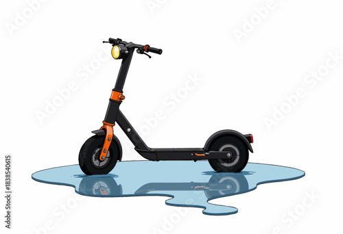 Electric scooter with sleek black and orange design standing on a glossy, reflective surface showing its modern urban transportation appeal
