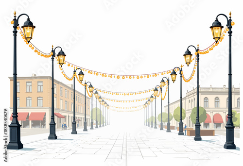 Picturesque Urban Stroll: Elegant Street with Classic Lampposts and Festoon Lights in a Tranquil Architectural Setting