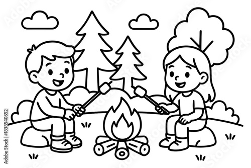 Kids enjoying marshmallow roast by campfire in nature line art