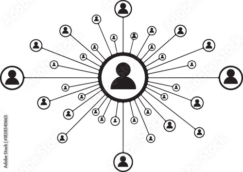 Central person icon connecting to numerous user icons, symbolizing a complex social or business network hierarchy, on a clean background.