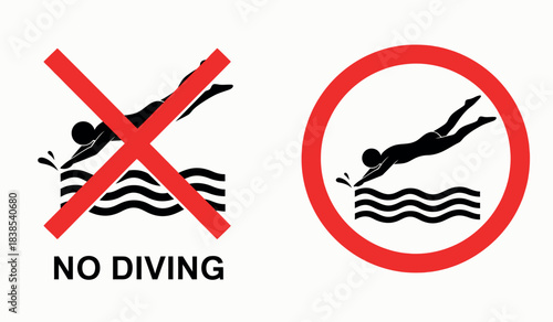 No diving symbol with swimmer illustration and warning