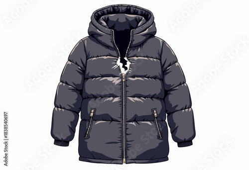 Cozy gray puffer jacket with front zipper closure and protective hood ideal for cold weather and stylish winter layering