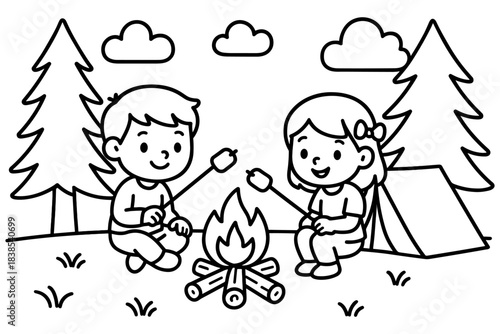 Children enjoying camping with bonfire in forest