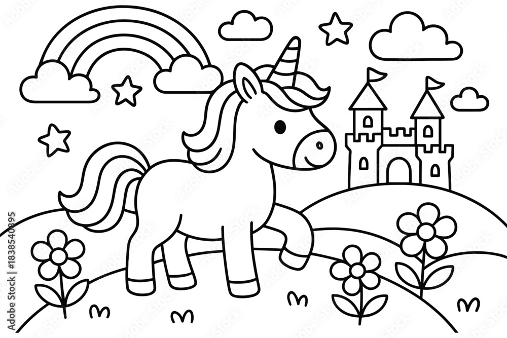 Fototapeta premium Whimsical unicorn and castle scene in black and white for kids coloring