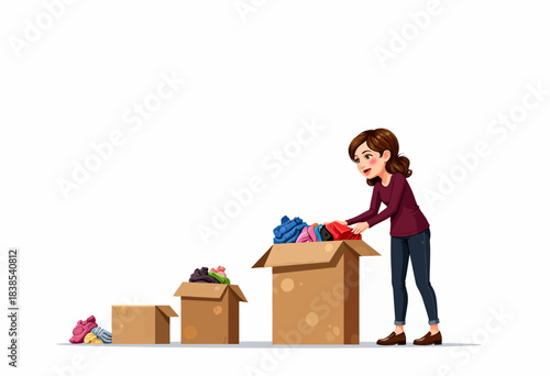 Woman Organizing Clothes into Cardboard Boxes for Moving or Donation Effort in a Minimalistic Setting with Three Varied Sized Boxes and Casual Clothing