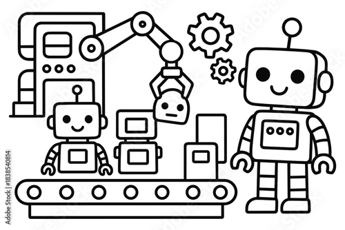 Robotic assembly line: cute line art of cartoon robots in a factory setting
