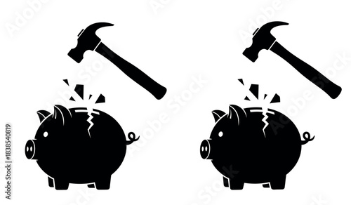 Broken piggy bank illustration with two hammers