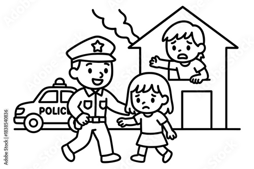 Police officer helping lost child in black and white cartoon style