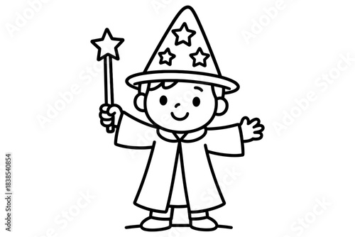 Cute wizard boy with magic wand and starry hat in outline style