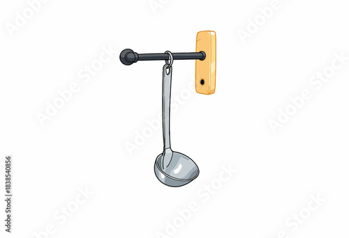 Illustration of a Metal Soup Ladle Hanging from a Wall-Mounted Hook on a Minimalistic Kitchen Rack