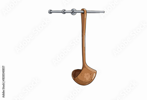 Illustrated Wooden Ladle Hanging from a Metal Rod on a White Background in Minimalist Style