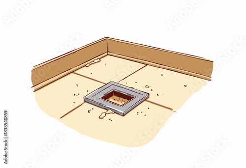Illustration of a Corner Shower Drain on Tiled Floor with Wooden Baseboards and Water Droplets for Home Repair Education