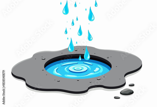 Illustration of Blue Water Droplets Splashing into a Circular Puddle on a Dark Surface Creating Ripples and Reflections in the Clear Liquid