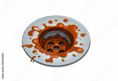 Illustration of a Choco-Swirled Sink Drain with Overflowing Liquid Spill on Glossy Metal Surface