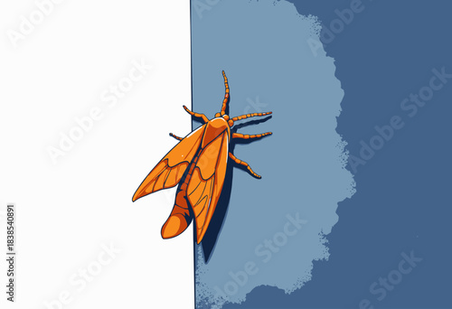 Vibrant Orange Moth Perched Gracefully Between Contrasting White and Blue Painted Surfaces in Artistic Illustration