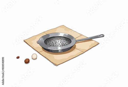 Detailed Image of a Metal Strainer with Various Seeds Displayed on Brown Paper