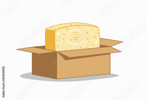 Cartoon illustration of a large cheese block with Swiss holes inside an open cardboard box on a simple white background