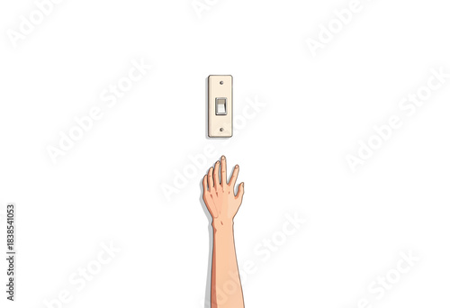 Illustration of a Hand Reaching Upward Towards a Light Switch on a Minimalist Plain Background Depicting Determination or Effort to Achieve a Task
