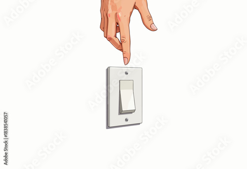Illustration of a Hand Reaching to Flip a Light Switch on a White Wall Background Emphasizing Home Energy Control and Interior Lighting Concepts