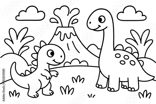 Cute dinosaur coloring page with volcanic landscape for kids
