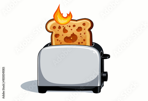 Cartoon Illustration of a Toast on Fire Popping Out of a Classic Silver Toaster Against a Plain Background
