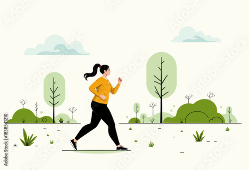 Woman Jogging in a Serene Park Setting Surrounded by Lush Greenery and Minimalistic Landscape on a Peaceful Day