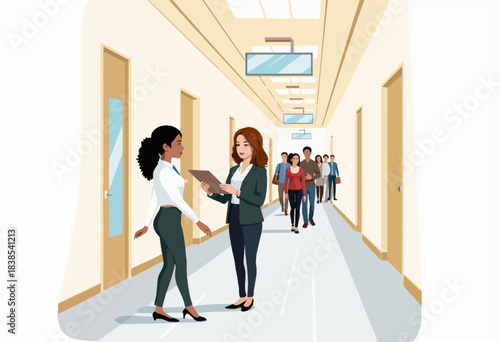 Business professionals engaging in a lively discussion in a modern office hallway with a diverse group of colleagues in the background