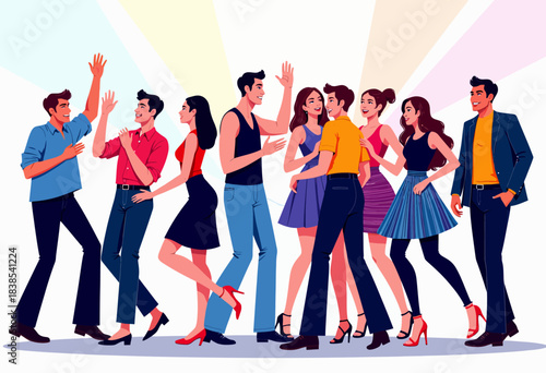 Animated Group of Friends Enjoying a Lively Dance Party with Colorful Lighting and Vibrant Atmosphere in Festive Attire and Energetic Movements