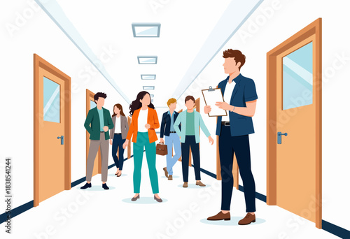 Illustration of Diverse Group of Professionals Walking Through a Bright Modern Office Corridor Engaged in Conversation and Interaction