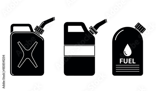 Three black gas cans isolated on white background