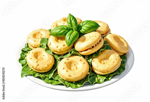 Delicious Plate of Cheese-Flavored Donut-Shaped Biscuits Garnished with Fresh Basil and Green Lettuce