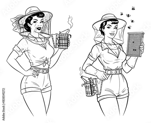 Pin Up Beekeeper Woman with Smoker and Honeycomb