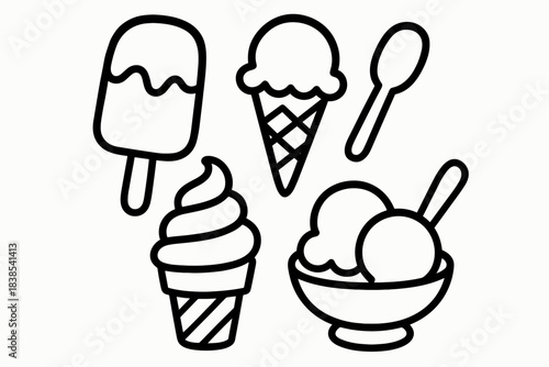 Minimalist black and white ice cream icons set for summer designs