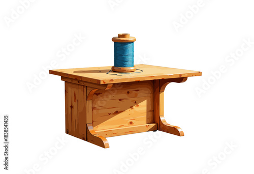 Intricately Designed Wooden Sewing Table Featuring Vintage Spool of Blue Thread as a Central Decorative Element for Creative Craft Spaces