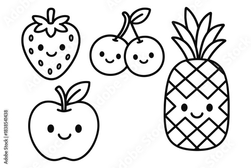 Cute kawaii fruit characters with smiling faces in black and white outline