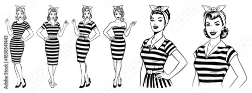 Pinup Women in Striped Dresses Set