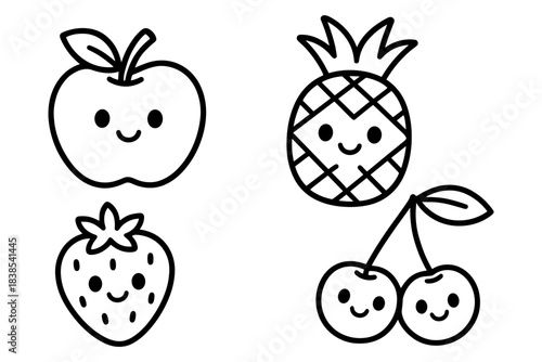Cute kawaii fruit characters in simple black and white line art style