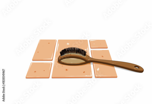 Brown Wooden Brush on Peach-Colored Rectangular Ceramic Tiles Arranged on a Smooth White Surface for Cleaning Purposes