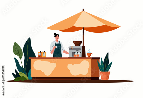 Outdoor Coffee Stand with Barista and Espresso Machine Surrounded by Lush Greenery and Warm Ambiance Creating a Cozy Refreshment Spot for Passersby