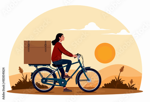 Woman Riding Bicycle on Scenic Path with Sunset in Background Delivering Parcel through Serene Countryside Landscape Capturing Tranquility and Adventure