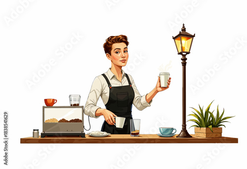 Barista expertly preparing multiple beverages at a cozy modern coffee stand with a warm lantern light ambiance and a selection of freshly brewed drinks