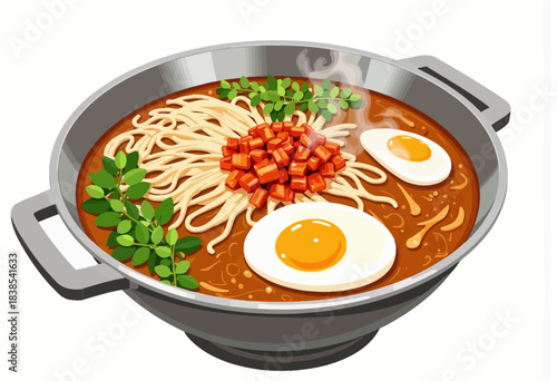 Steaming Bowl of Noodle Soup with Sliced Eggs, Tender Meat, and Fresh Herbs in a Stainless Steel Pot