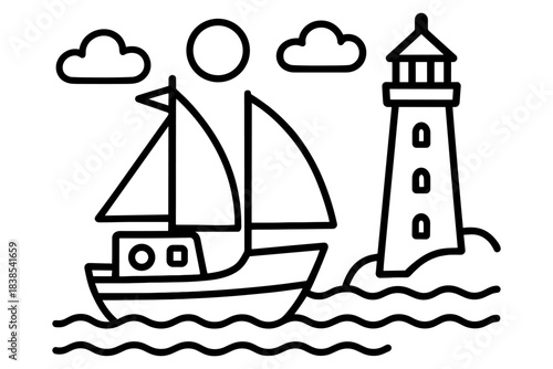 Minimalistic nautical scene with sailboat and lighthouse in line art style