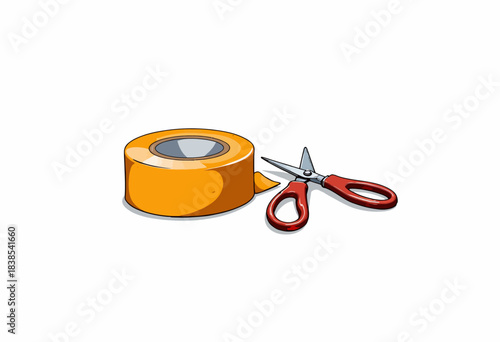 Image of a bright orange roll of adhesive tape accompanied by a pair of red-handled scissors for crafting and repair purposes on a neutral background