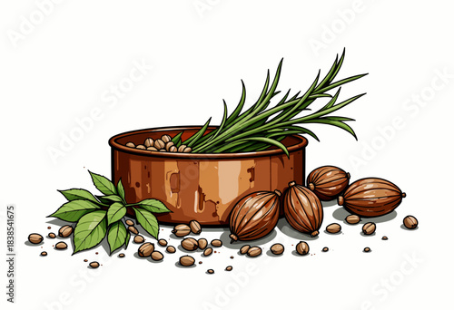 Illustration of Fresh Rosemary and Nutmeg in Rustic Copper Bowl with Aromatic Peppercorns and Spices on White Surface