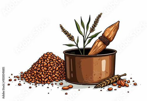 Illustration of Wheat, Grains, and Traditional Mortar and Pestle Symbolizing Rustic Natural Harvest and Culinary Ingredients